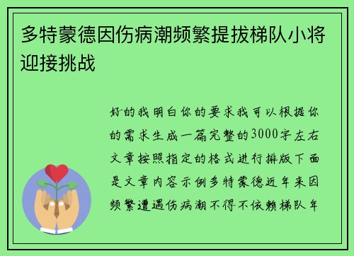 多特蒙德因伤病潮频繁提拔梯队小将迎接挑战